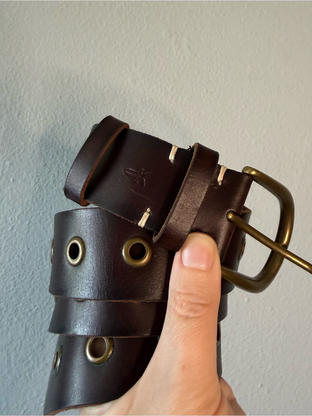 Frye Dark Brown Leather Grommet Belt with Brass Buckle